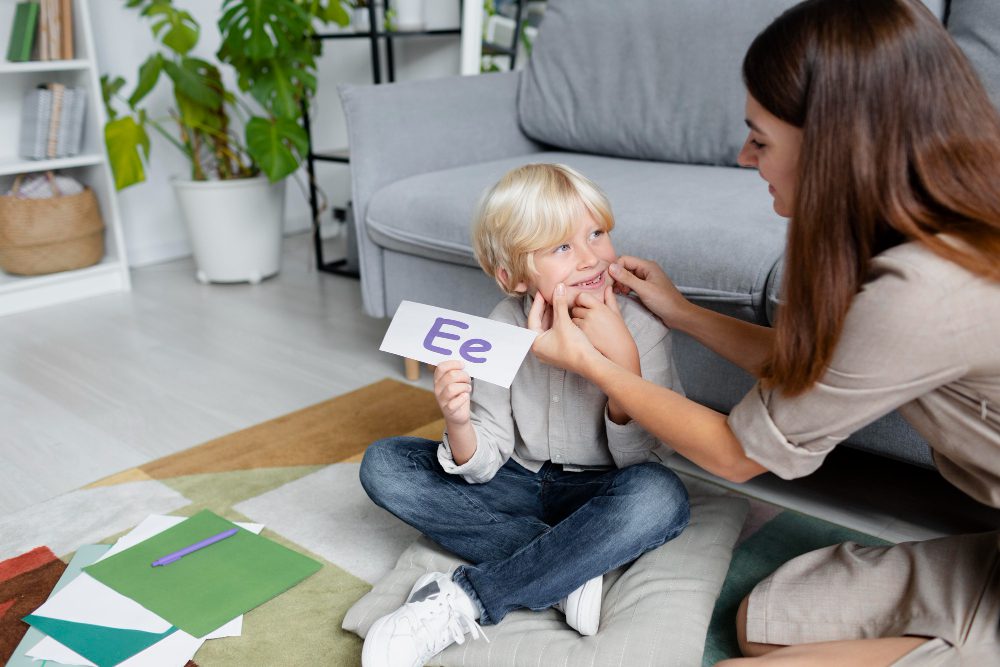Adult teaching child holding letter card, indoors with educational materials