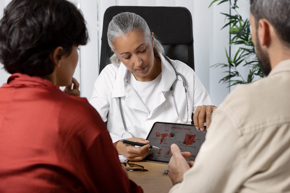 doctor discussing medical results with two patients in an office